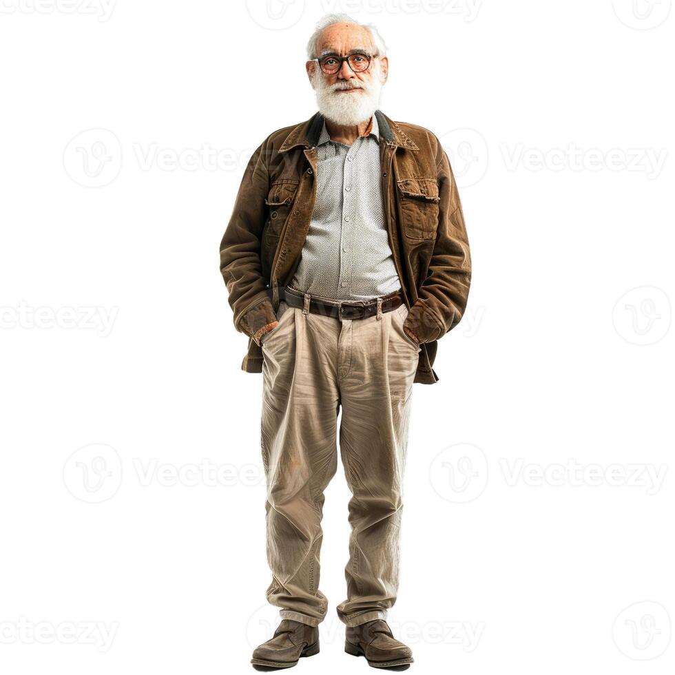 Senior professor with white beard standing with hands in pockets photo