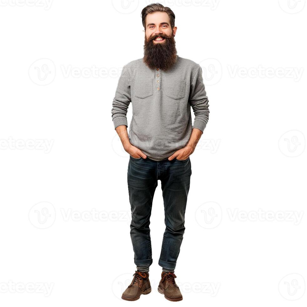 Handsome man with beard smiling and posing with hands in his pockets photo