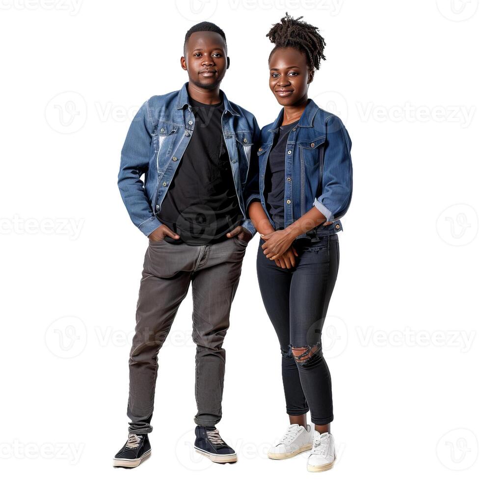 Young trendy couple posing wearing denim jackets and black t shirts photo