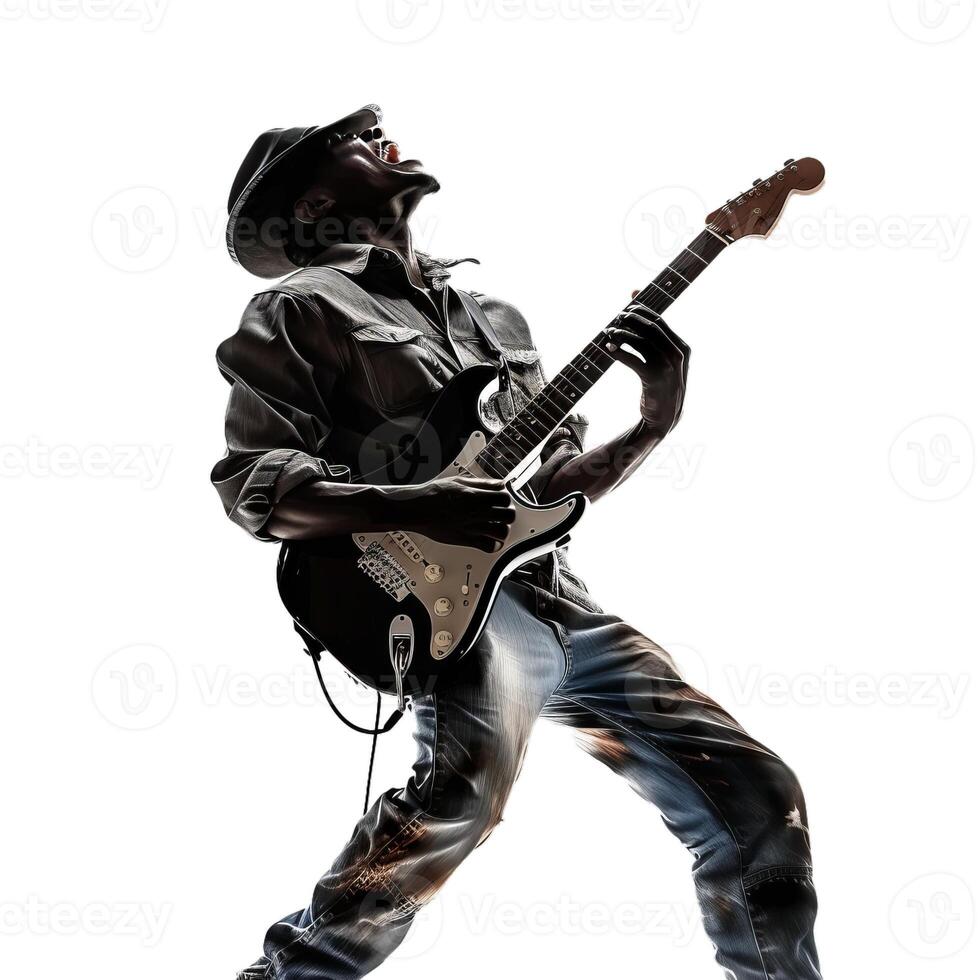 Rock guitarist in action on transparent background photo