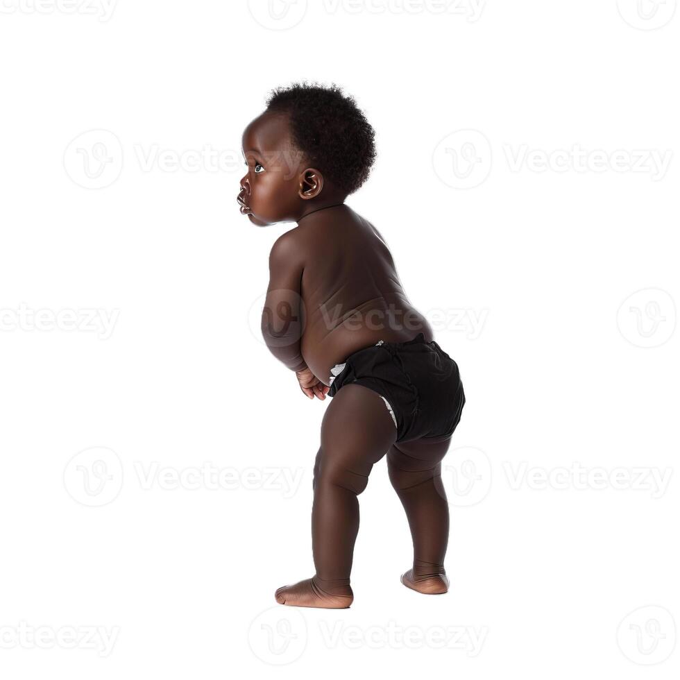 Curious african american baby boy standing and looking away photo
