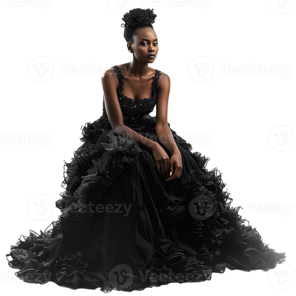 Elegant woman in black ball gown seated photo