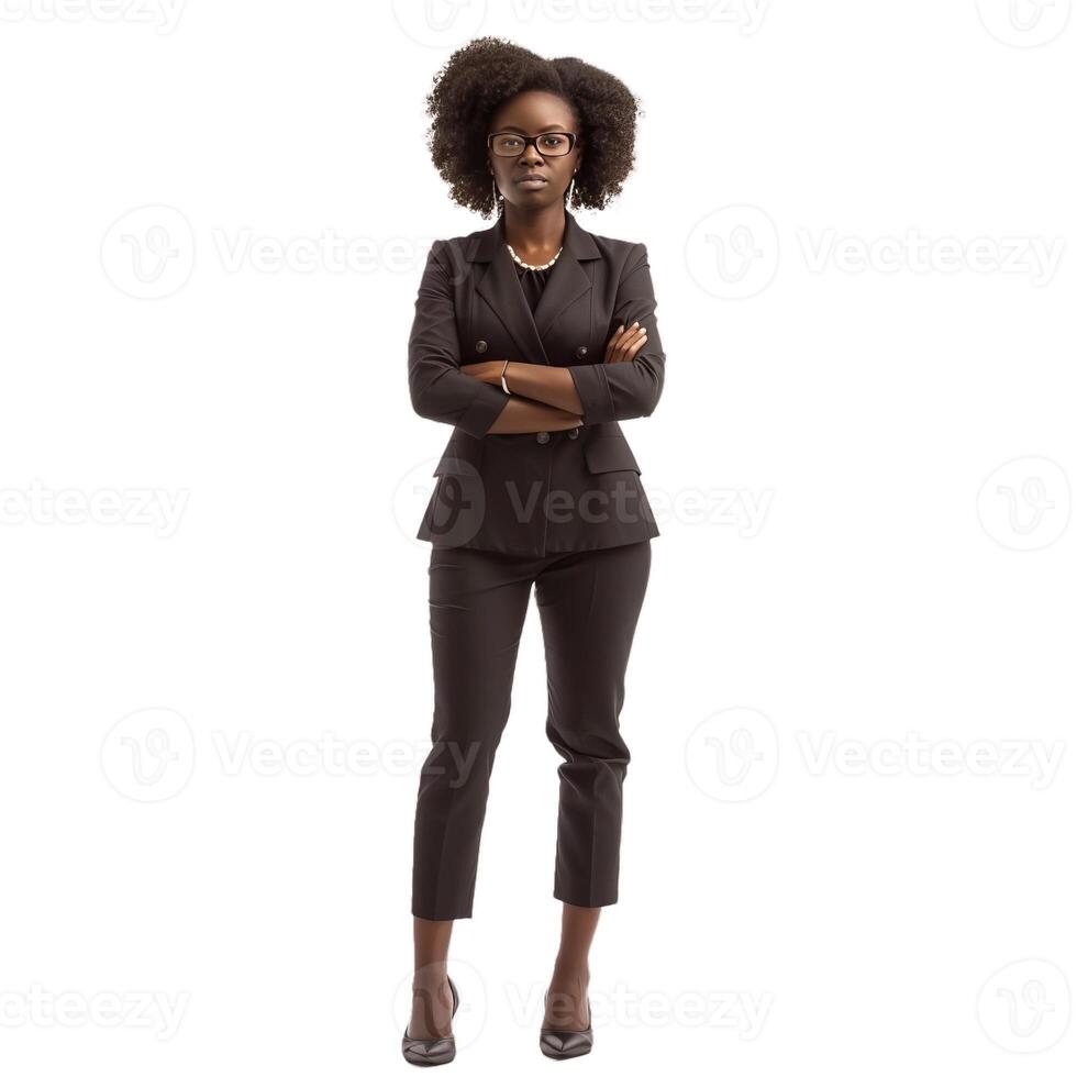 Confident businesswoman standing with folded arms on white background photo