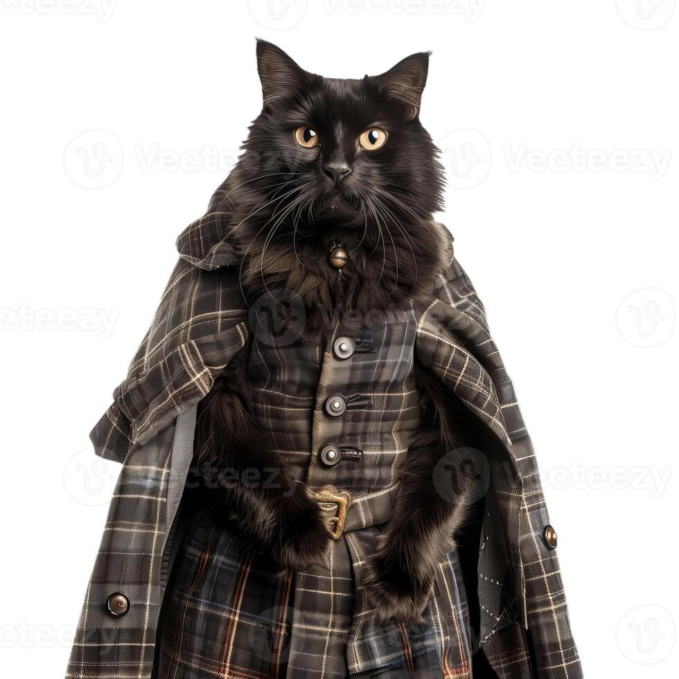 Black maine wearing kilt sitting and posing photo