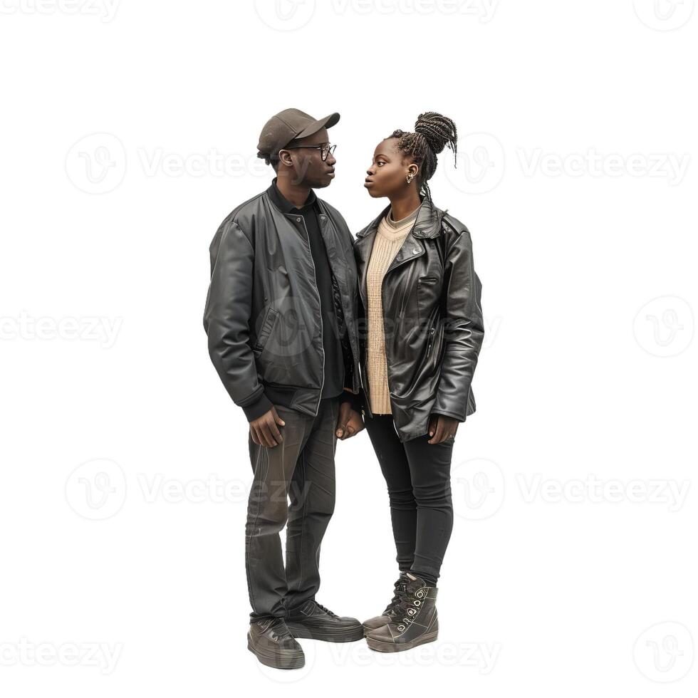 Stylish couple in leather jackets facing each other photo