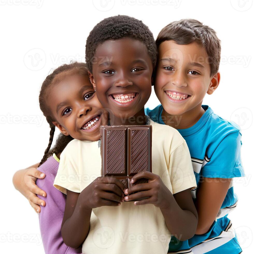 Three joyful kids embracing and sharing a bar of chocolate on a transparent background photo