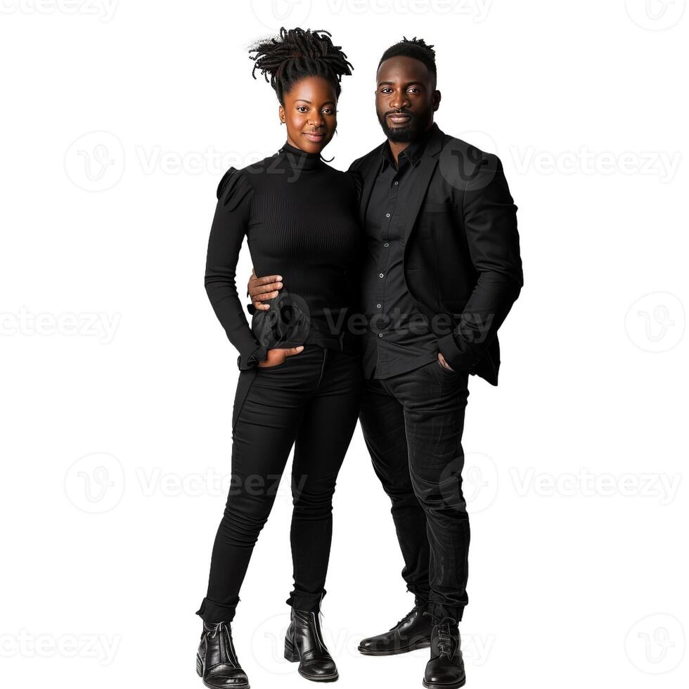 Stylish couple in black attire posing together photo
