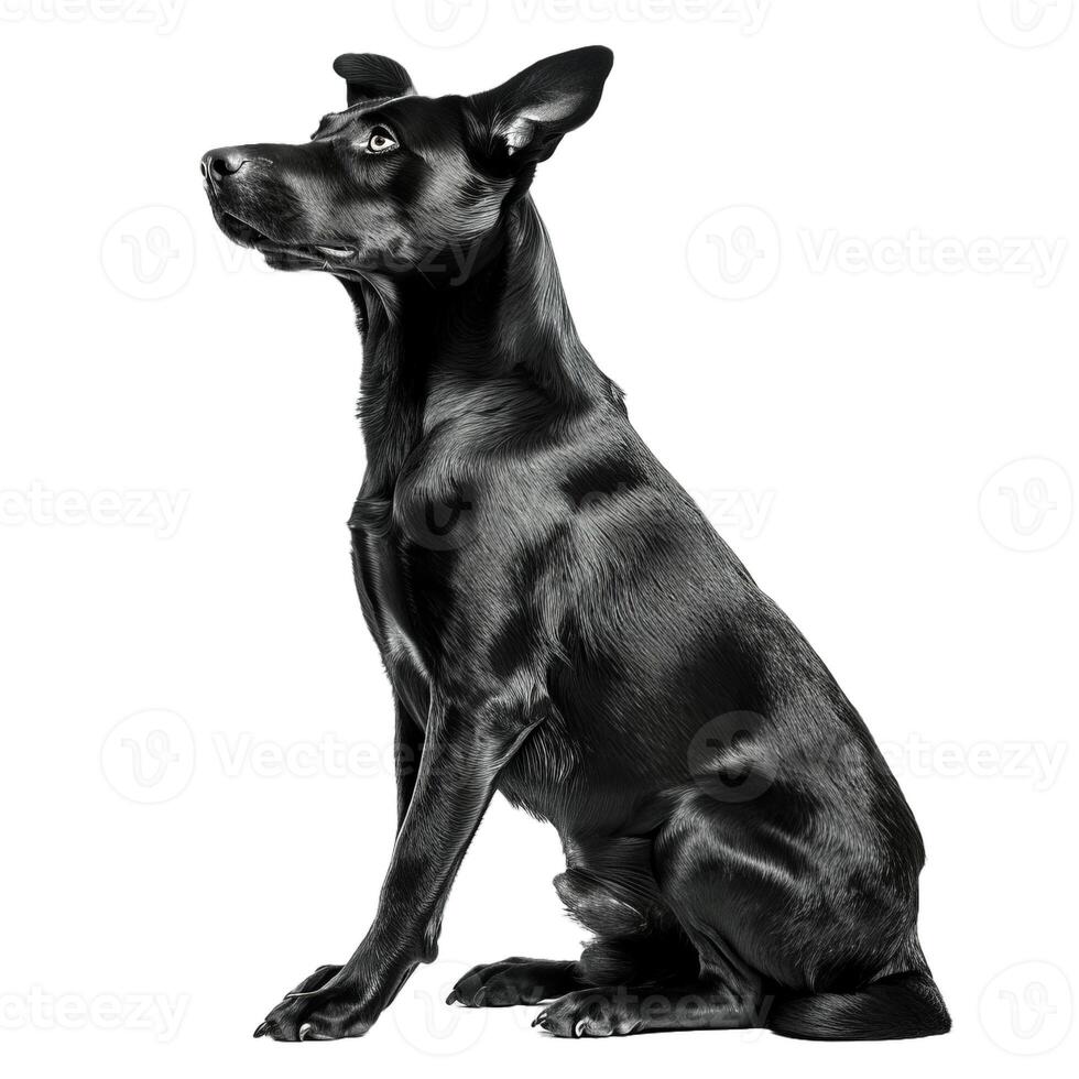Black labrador retriever dog sitting and looking up photo
