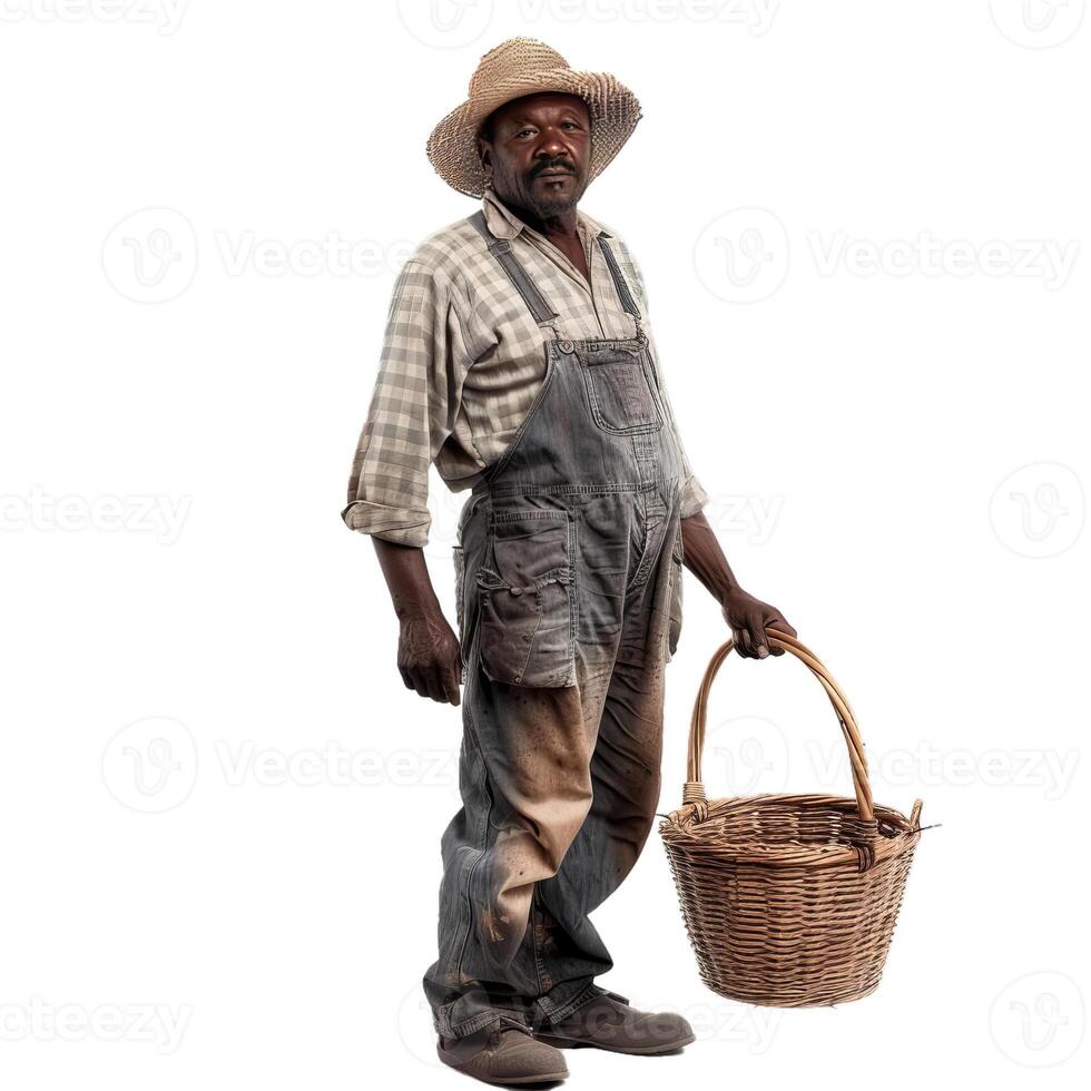 Senior african farmer wearing a straw hat and holding a wicker basket photo