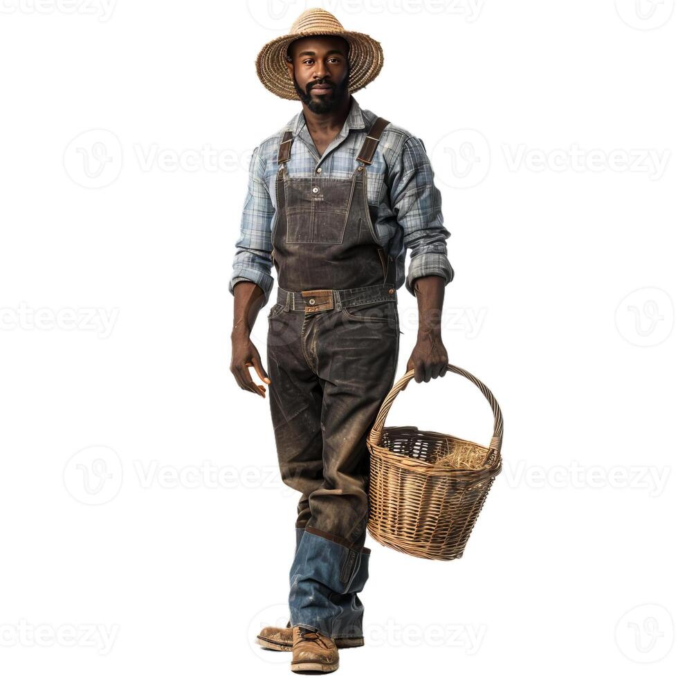 Confident african american farmer walking with wicker basket and straw photo