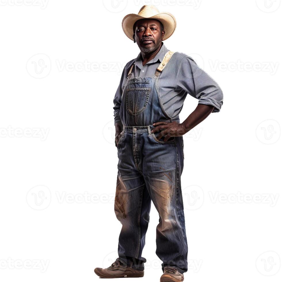 Confident african american farmer posing with hands on hips photo