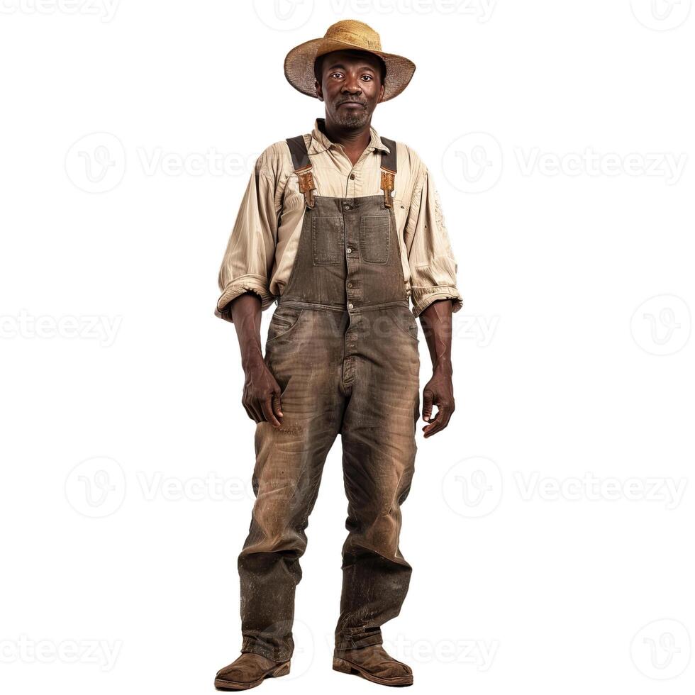 Black farmer wearing overalls and straw hat standing on white background photo