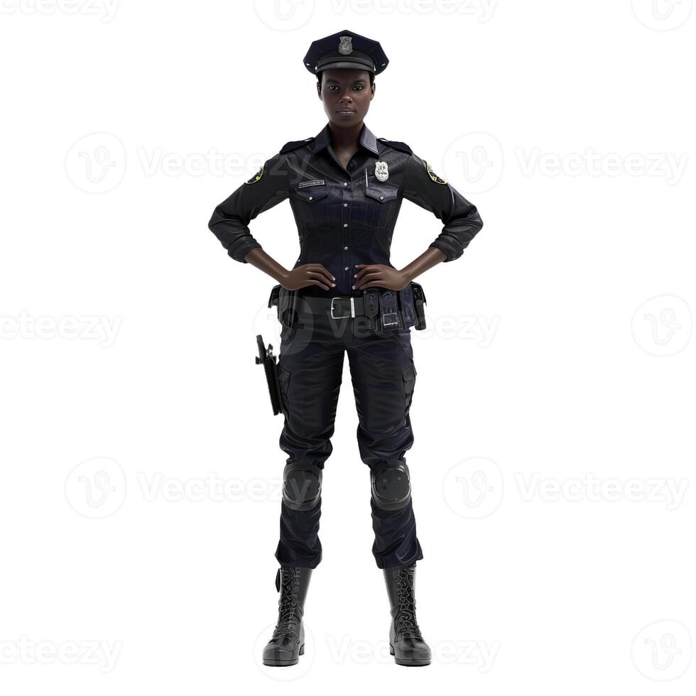 Confident african american policewoman standing with hands on hips photo