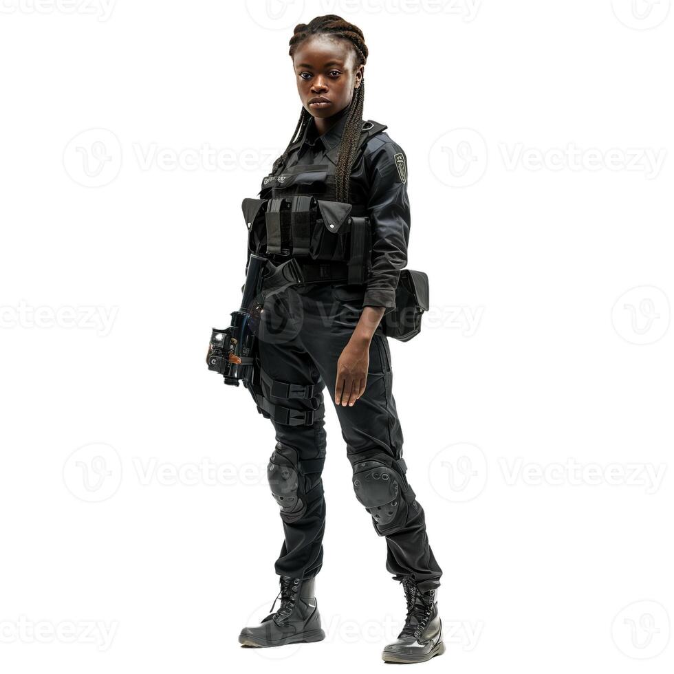 Confident female soldier standing with weapon on white background photo