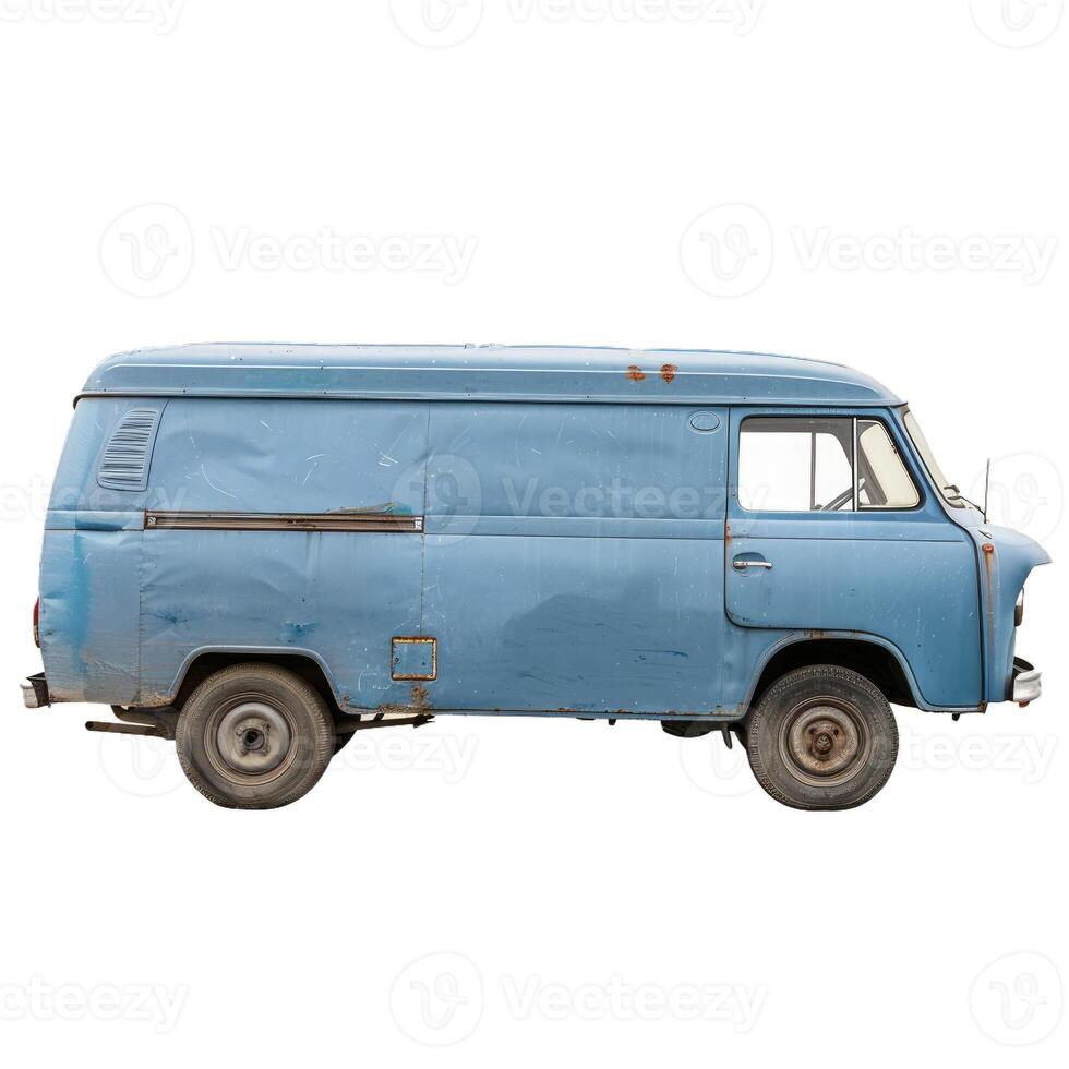 Old rusty blue delivery van isolated on white photo
