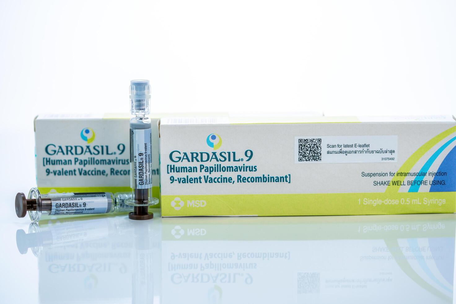 CHONBURI, THAILAND-SEPTEMBER 13, 2024 Gardasil 9 HPV vaccine packaging with prefilled syringe. MSD's 9-valent recombinant vaccine. Prevention of human papillomavirus. Sterile medical packaging. photo