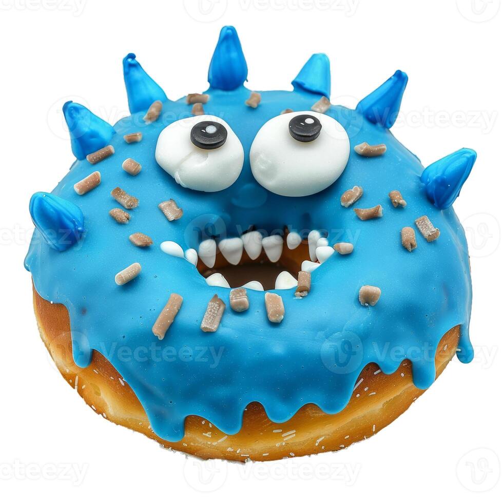 Blue monster donut with sprinkles smiling on white background photo