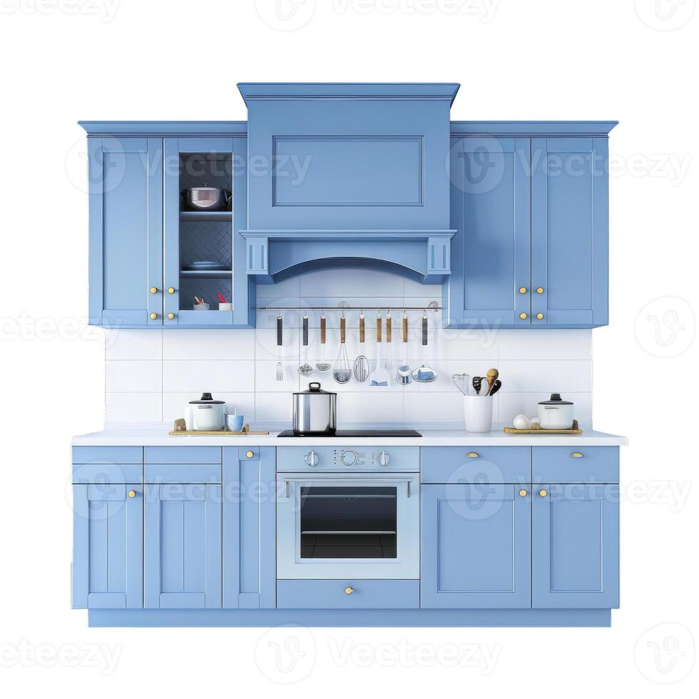 Blue kitchen furniture with kitchenware, utensils and modern appliances showing interior design photo
