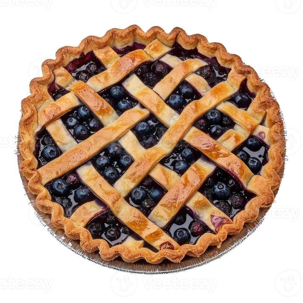 Delicious freshly baked blueberry pie with lattice crust on white background photo