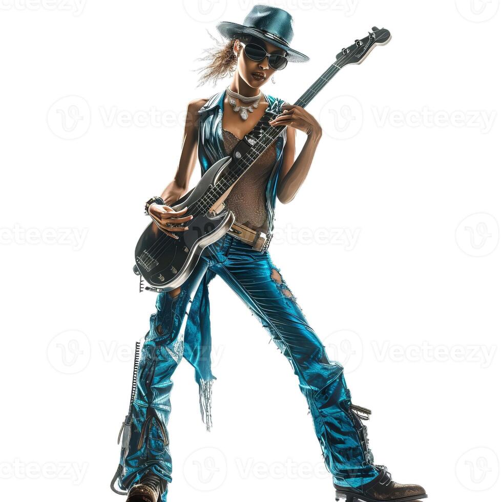 Stylish female guitarist in trendy apparel photo