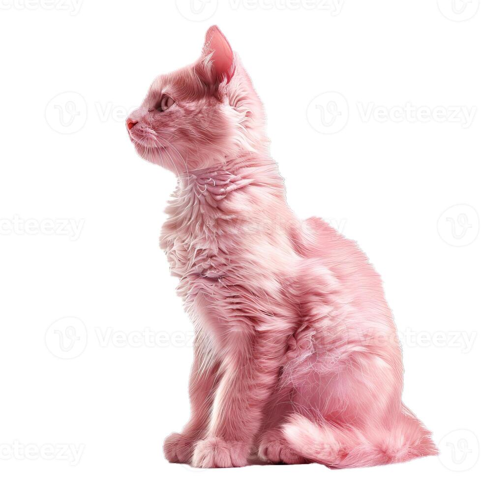 Pink cat sitting and looking away on white background photo