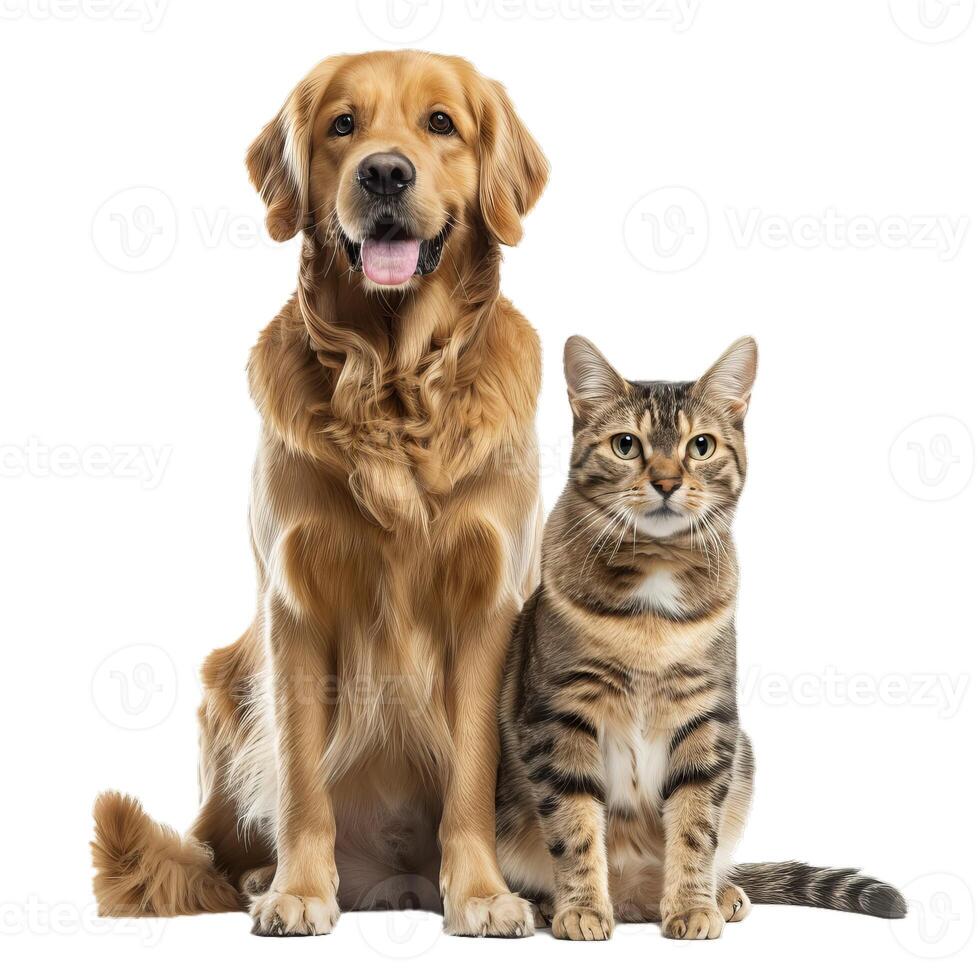 Golden retriever and tabby cat together photo