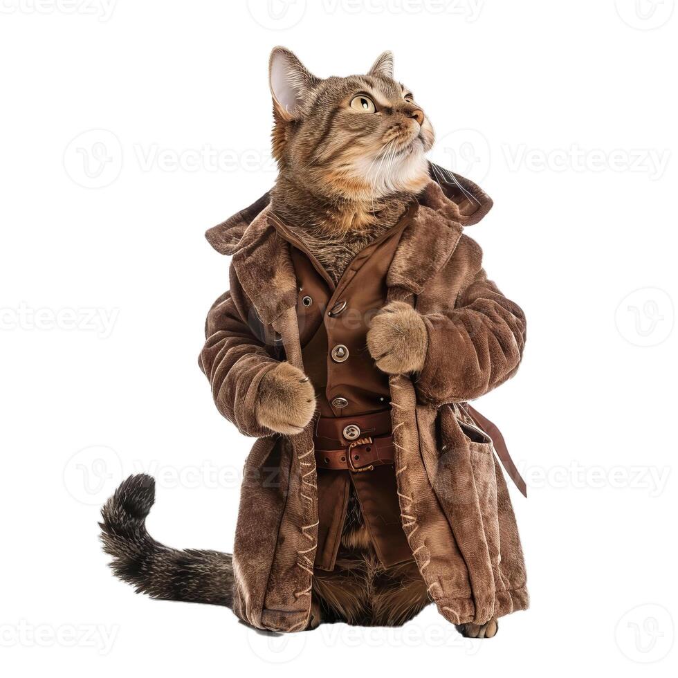 Cat wearing brown faux fur coat looking up posing in studio photo