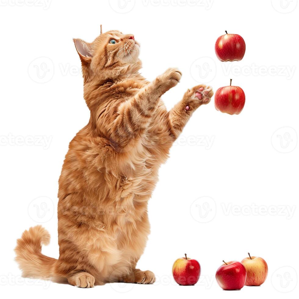 Playful cat with floating apples on transparent background photo