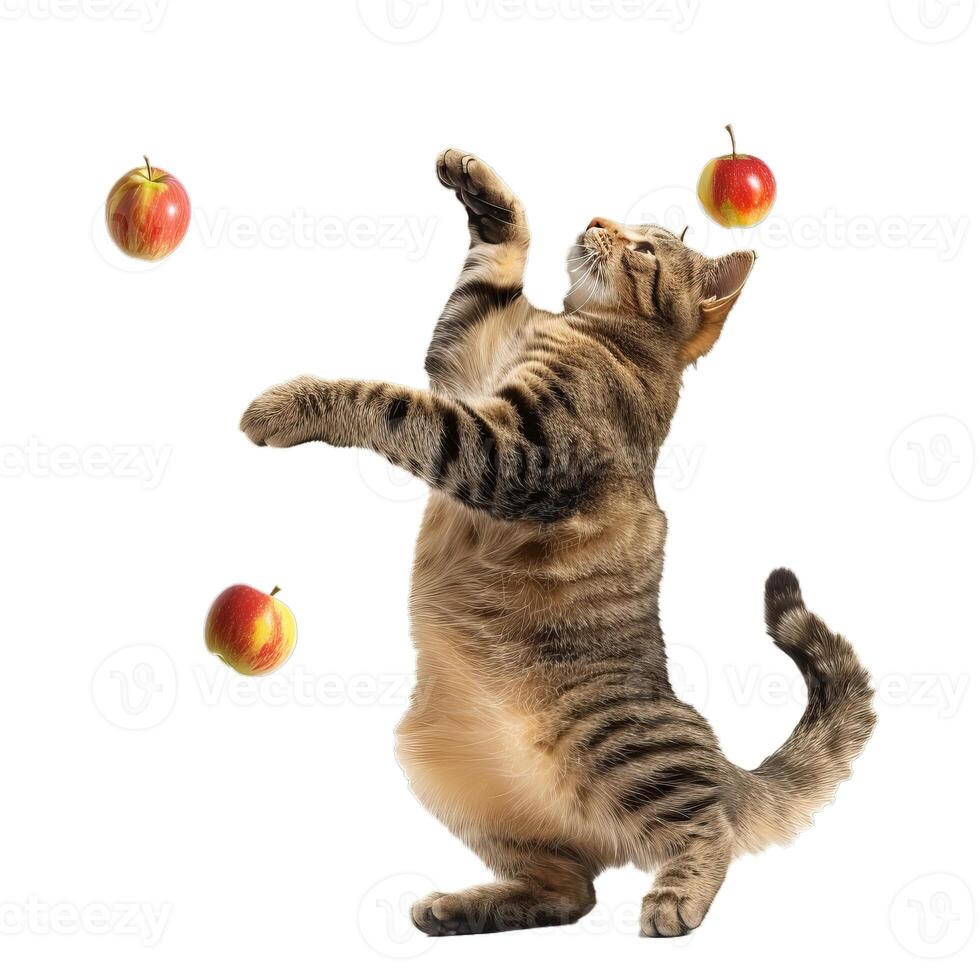 Playful tabby cat catching apples isolated on transparent background photo