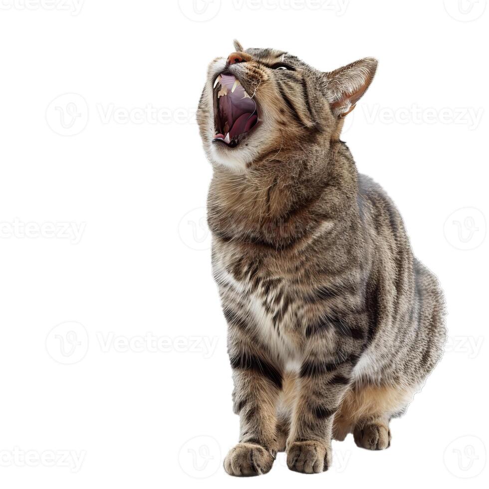 Tabby cat meowing with mouth wide open on white background photo