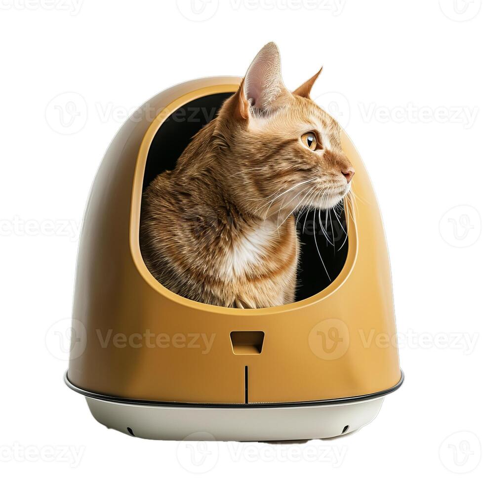 Ginger tabby cat relaxing inside modern litter box photo