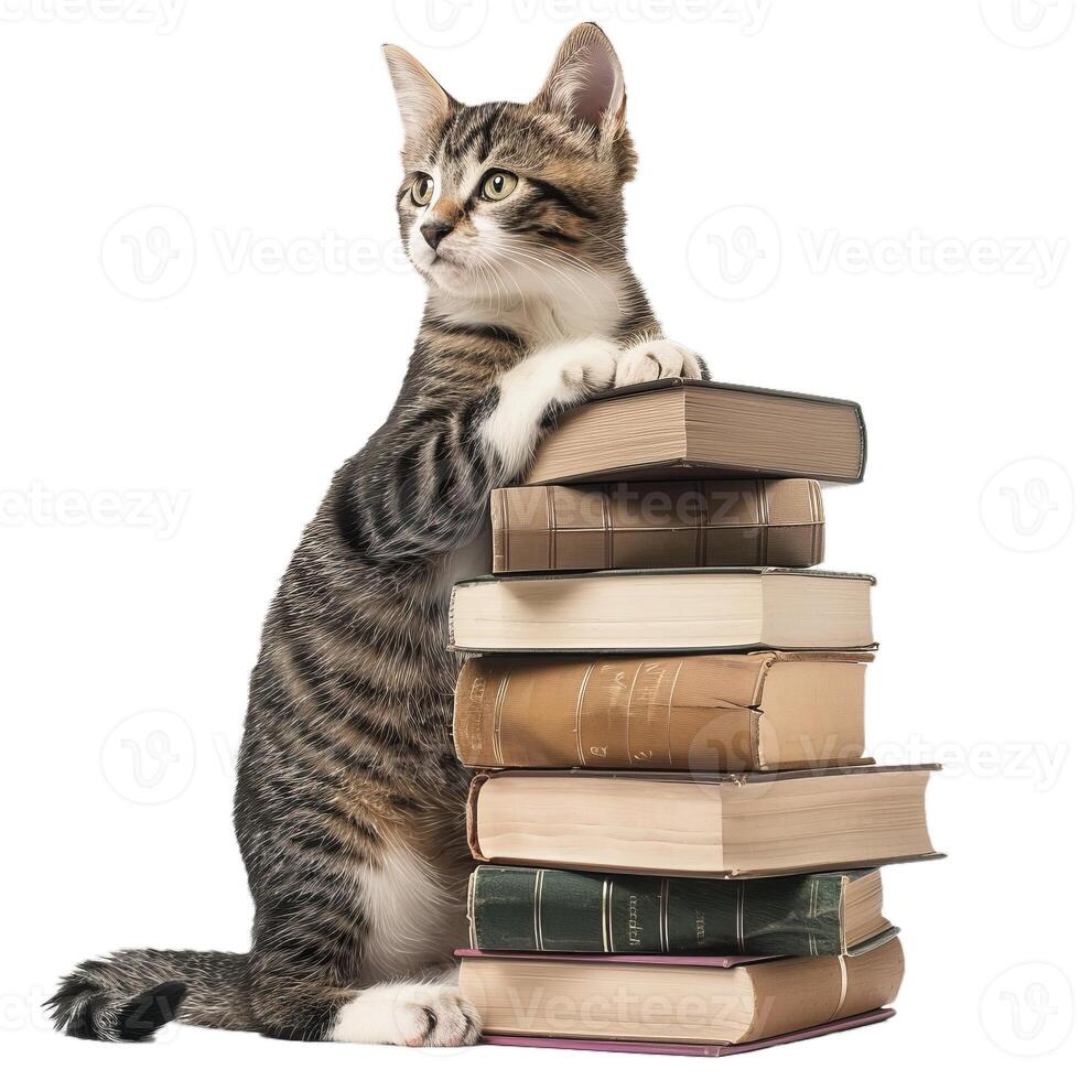 Curious cat with stack of books on transparent background photo