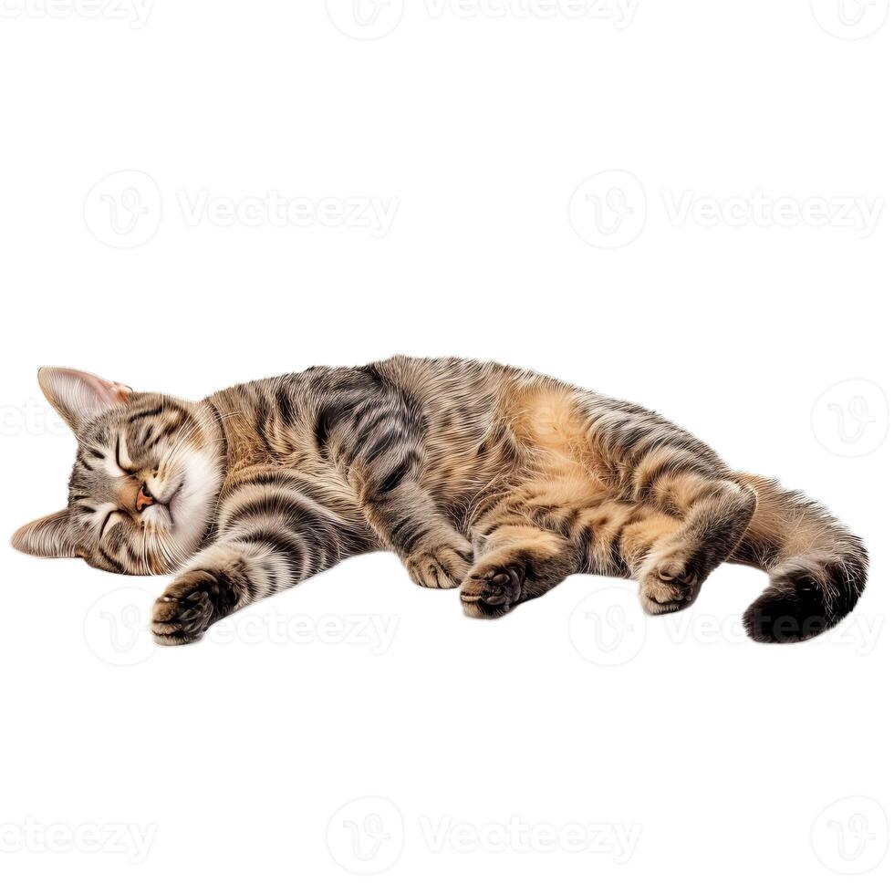 Relaxed tabby cat lying down on transparent background photo