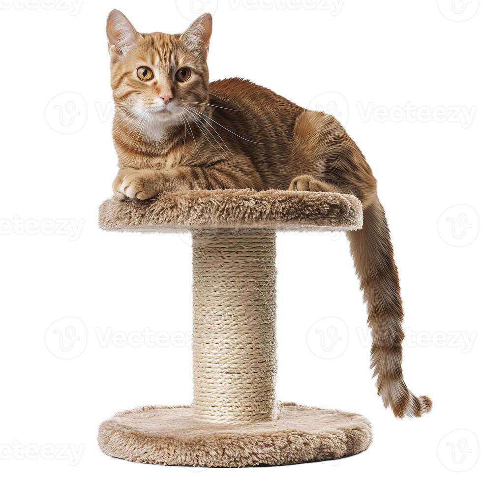 Domestic tabby cat on scratching post photo