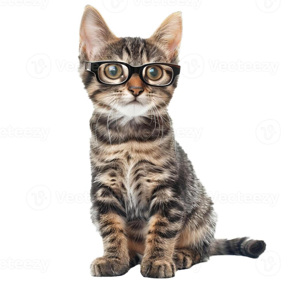 Adorable tabby kitten with glasses on transparent background photo