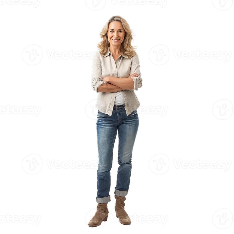 Smiling woman standing with crossed arms on transparent background photo