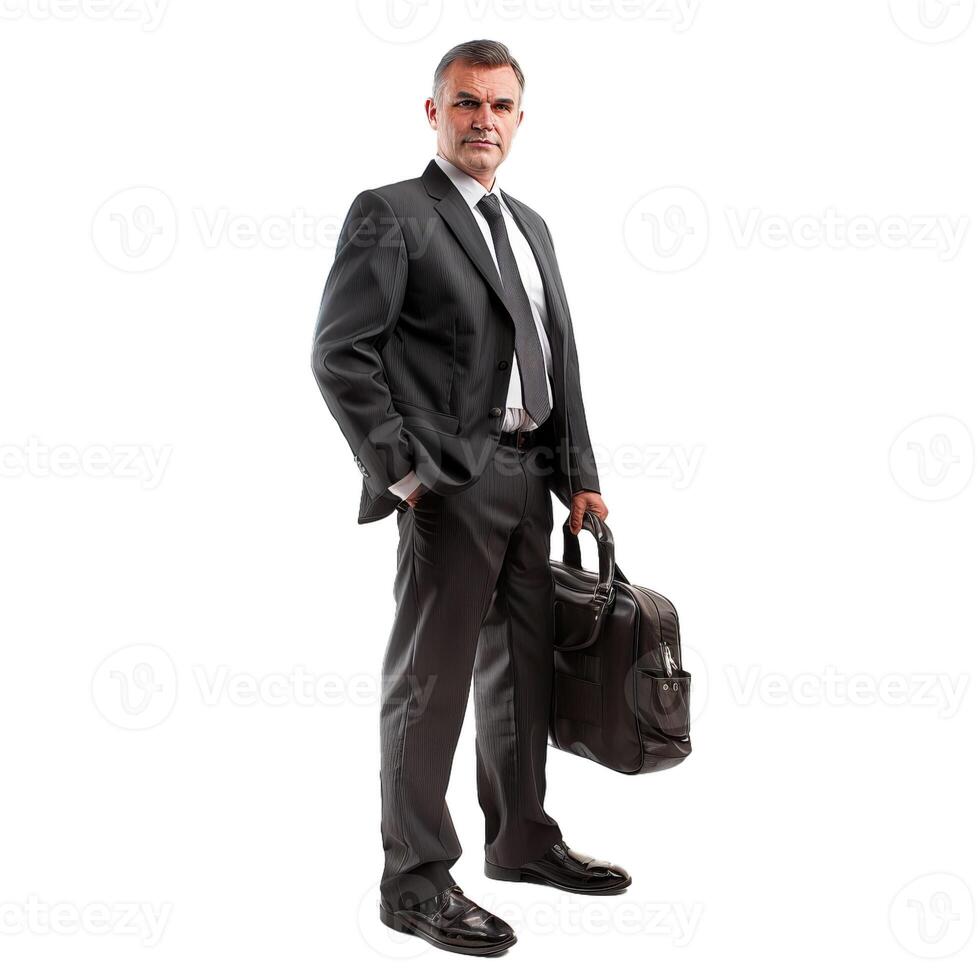 Confident businessman with briefcase on transparent background photo