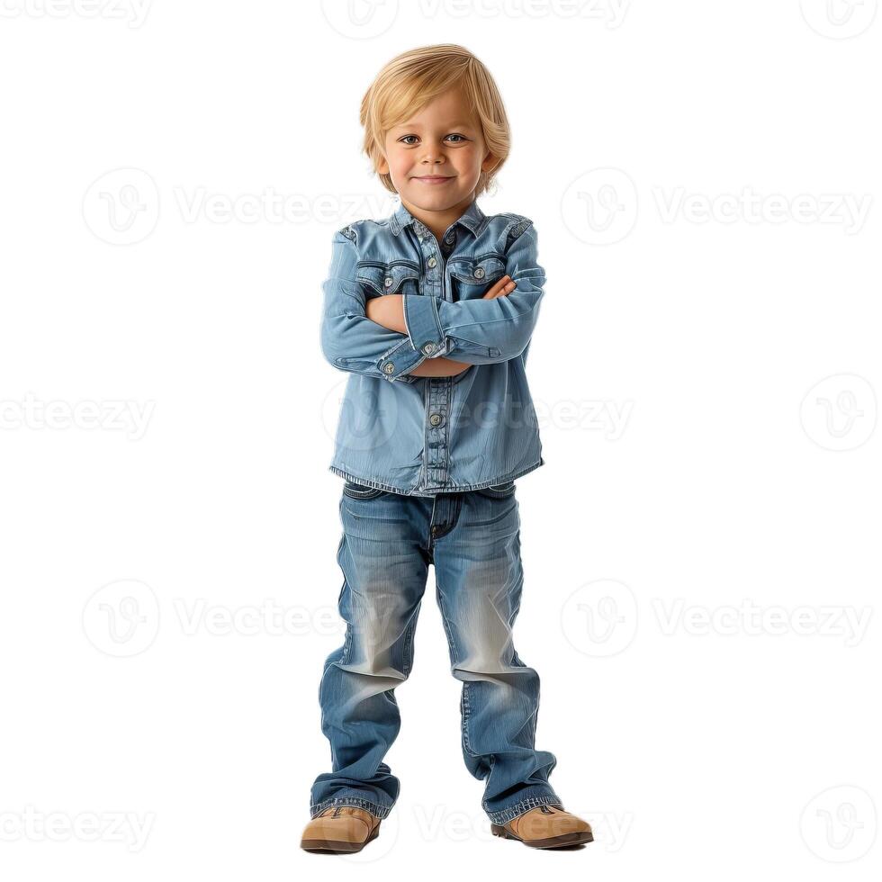 Confident young boy standing with arms crossed photo