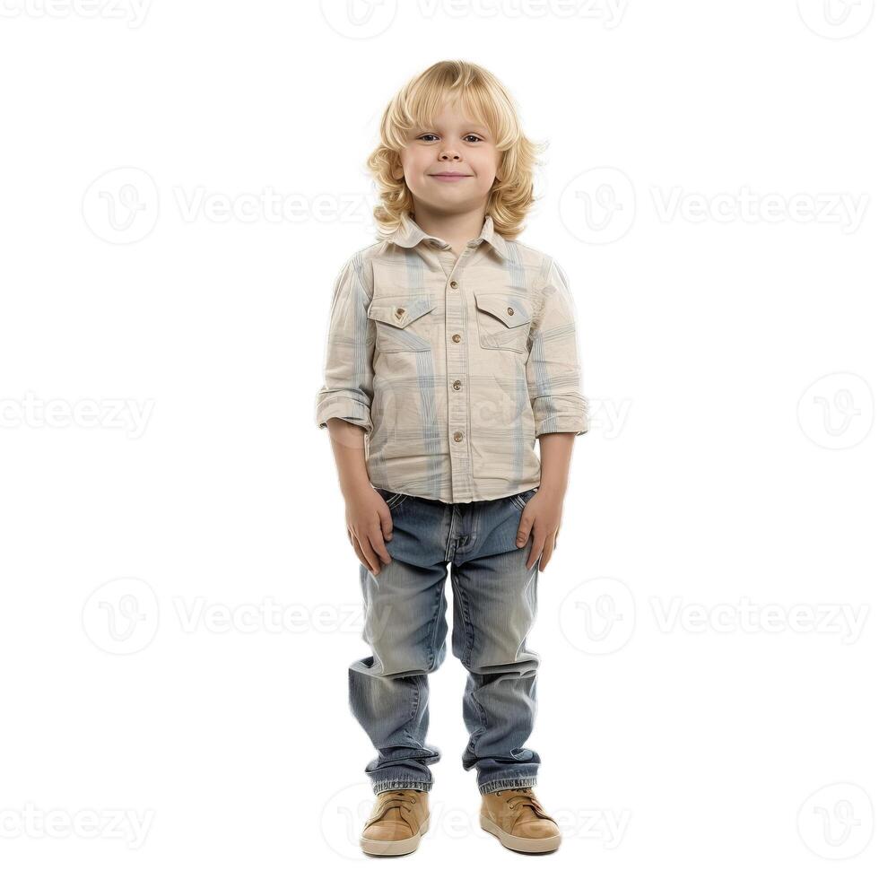 Smiling young boy posing on white background photo