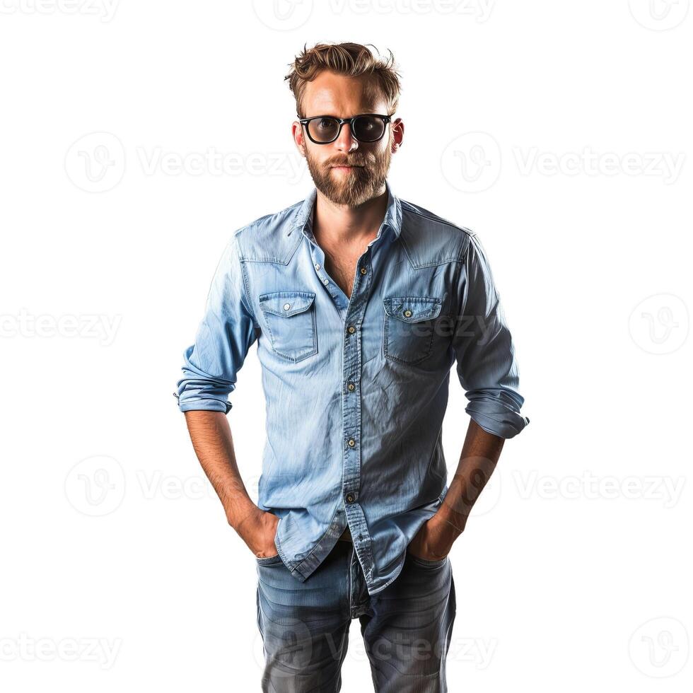 Confident man in casual denim shirt posing photo