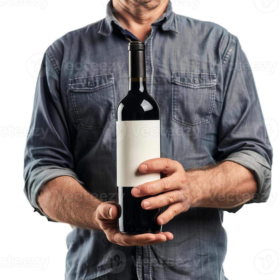 Winemaker holding a bottle of red wine with blank label photo