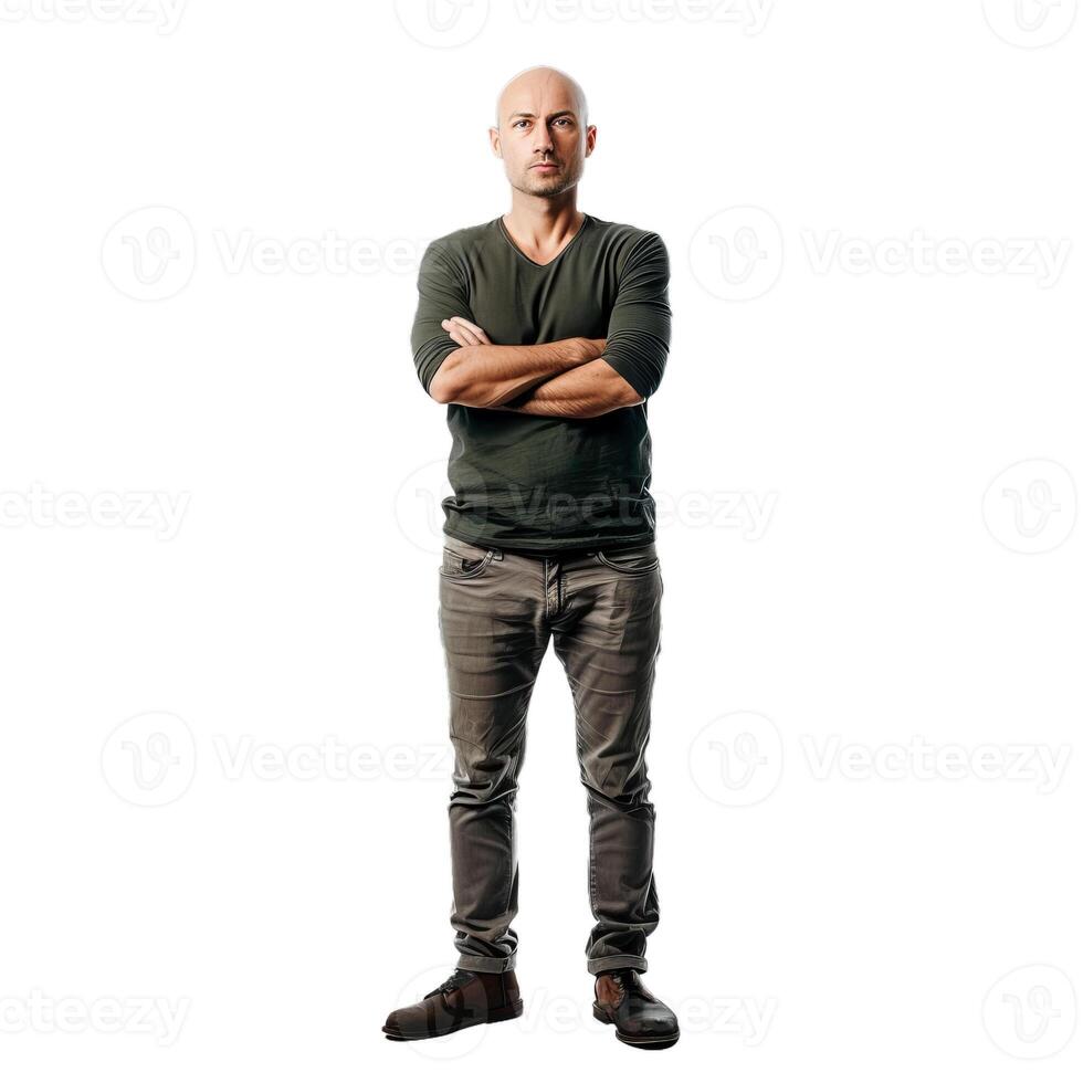 Serious bald man standing with folded arms on white background photo