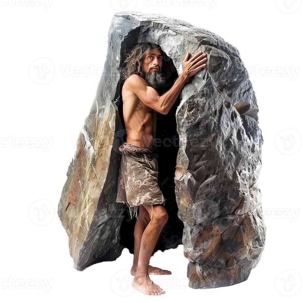 Primitive man emerging from stone cave photo