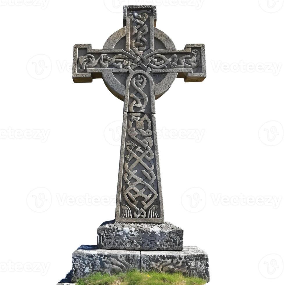 Celtic cross standing on a stone pedestal with knotwork carvings photo