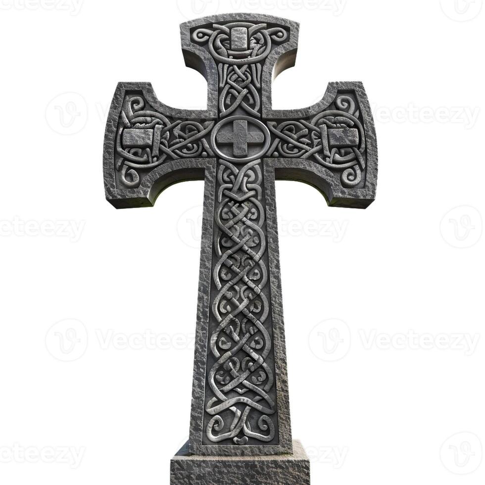 Ancient celtic cross standing tall against a white background photo