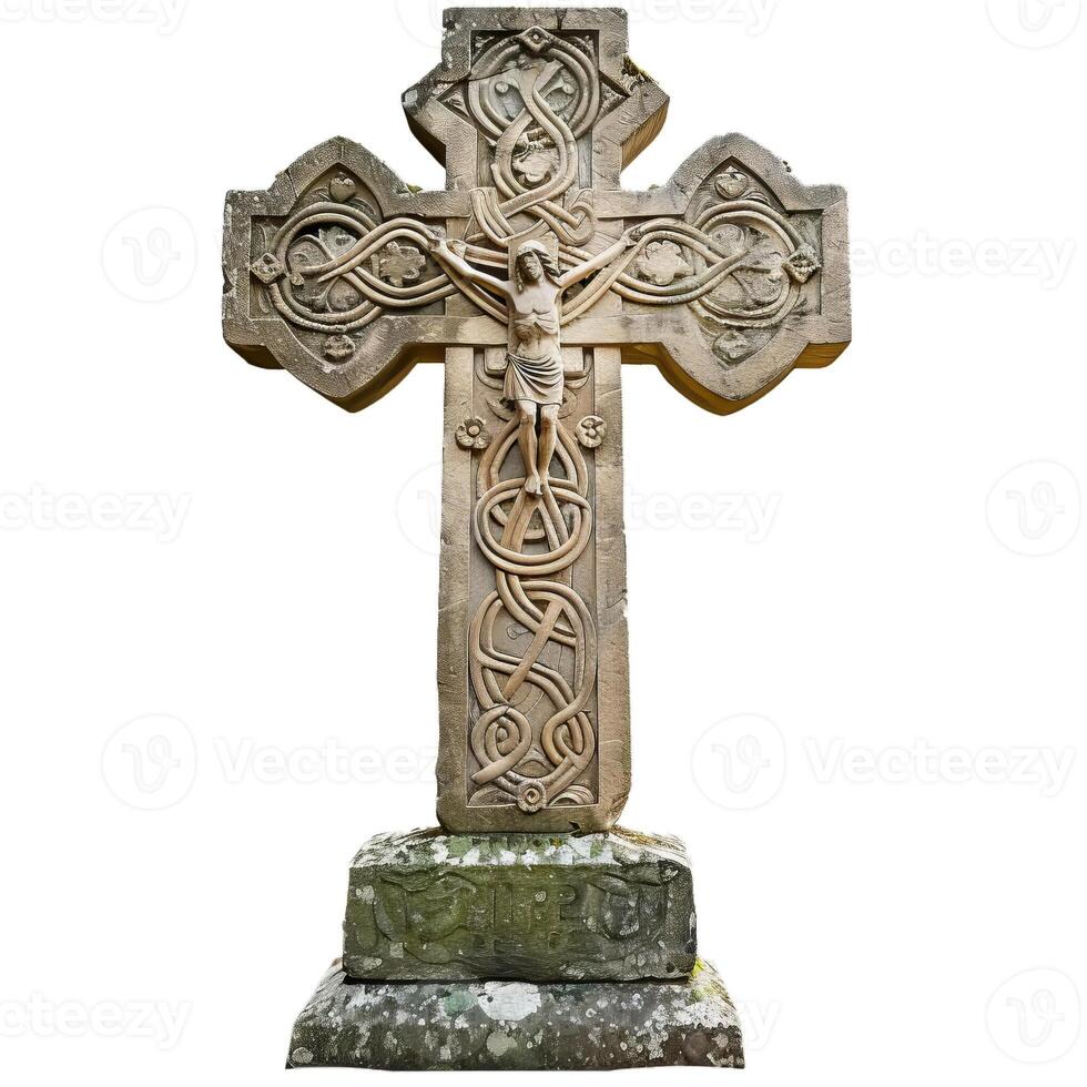 Ancient celtic stone cross showing jesus christ being crucified on white background photo