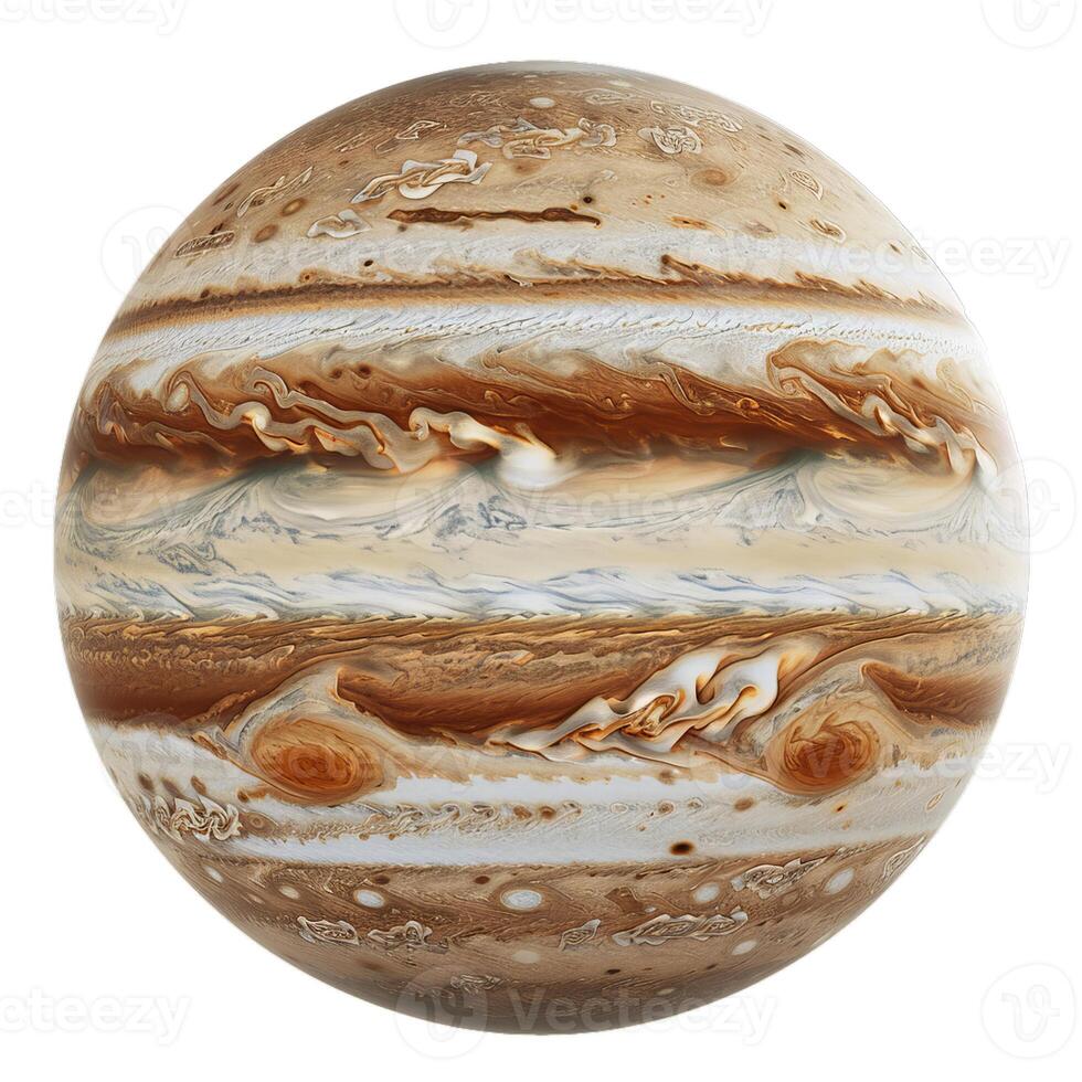 Jupiter planet rotating in the space, showing the great red spot and other storms photo