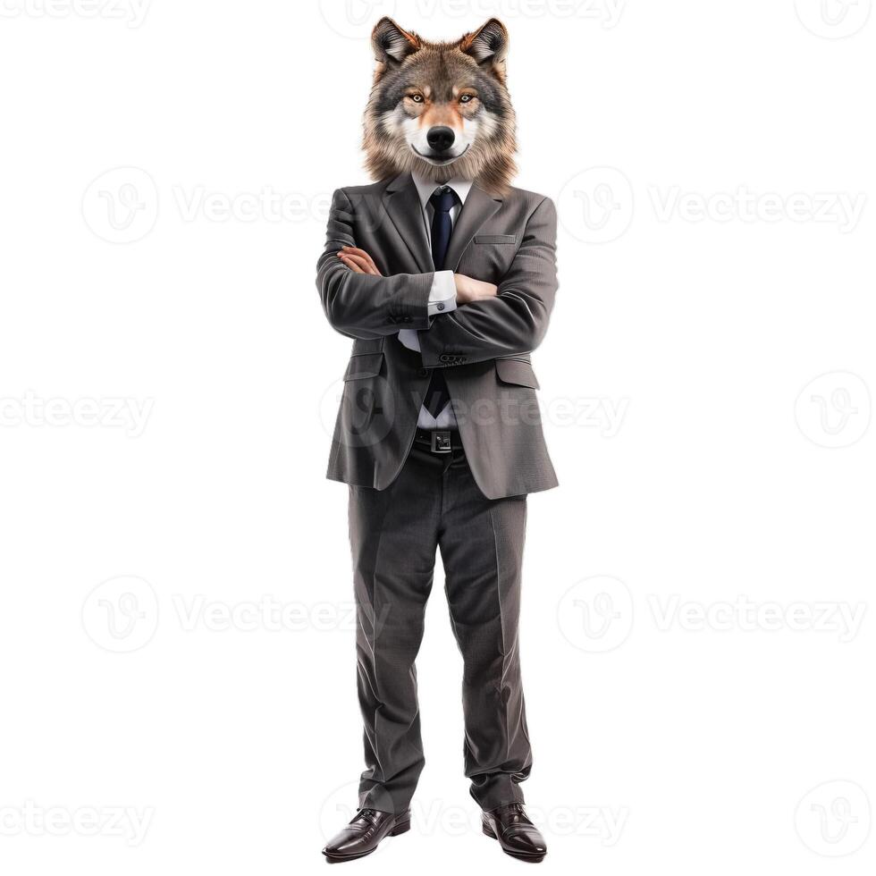 Serious businessman with wolf head standing with folded arms photo