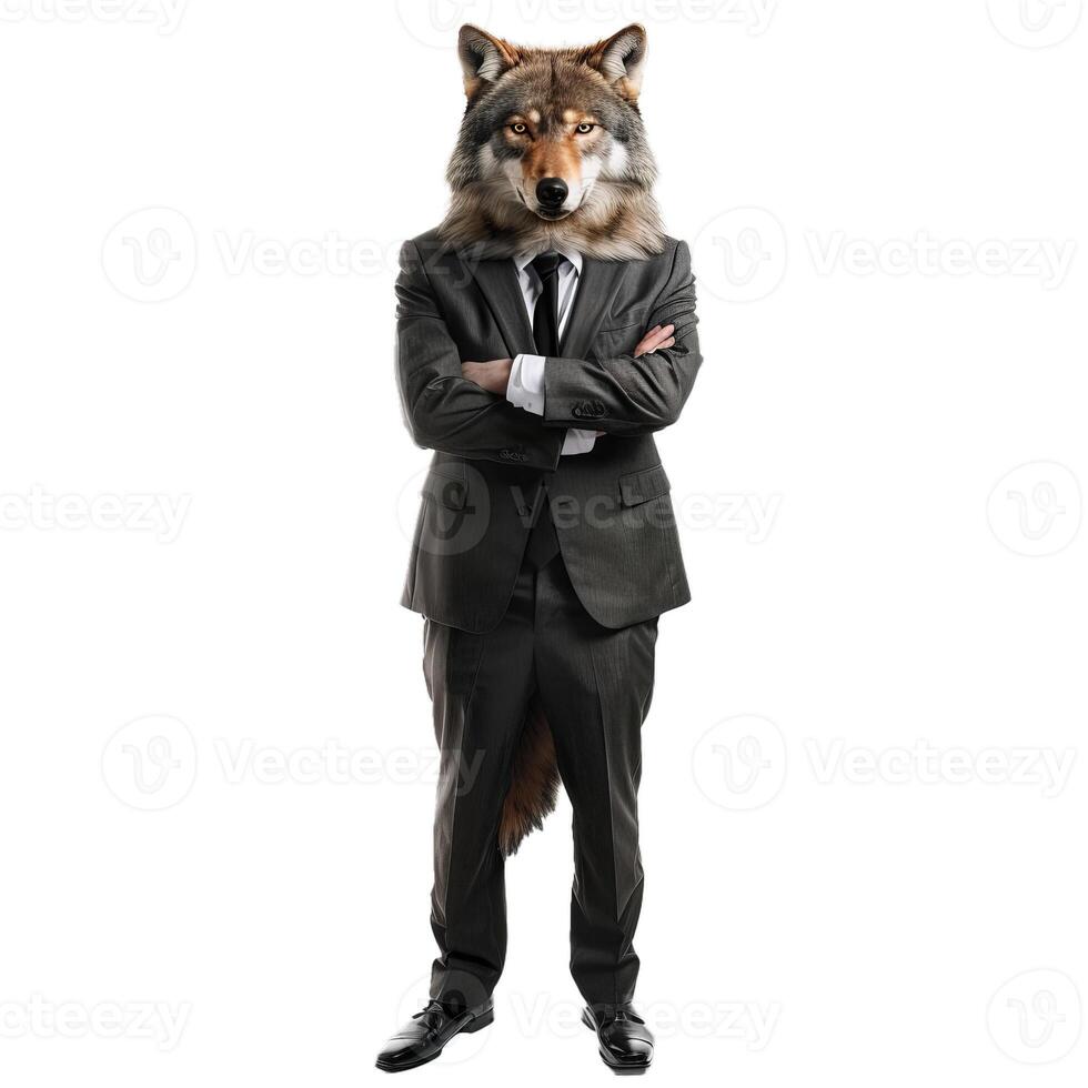 Businessman with wolf head and folded arms standing on white background photo