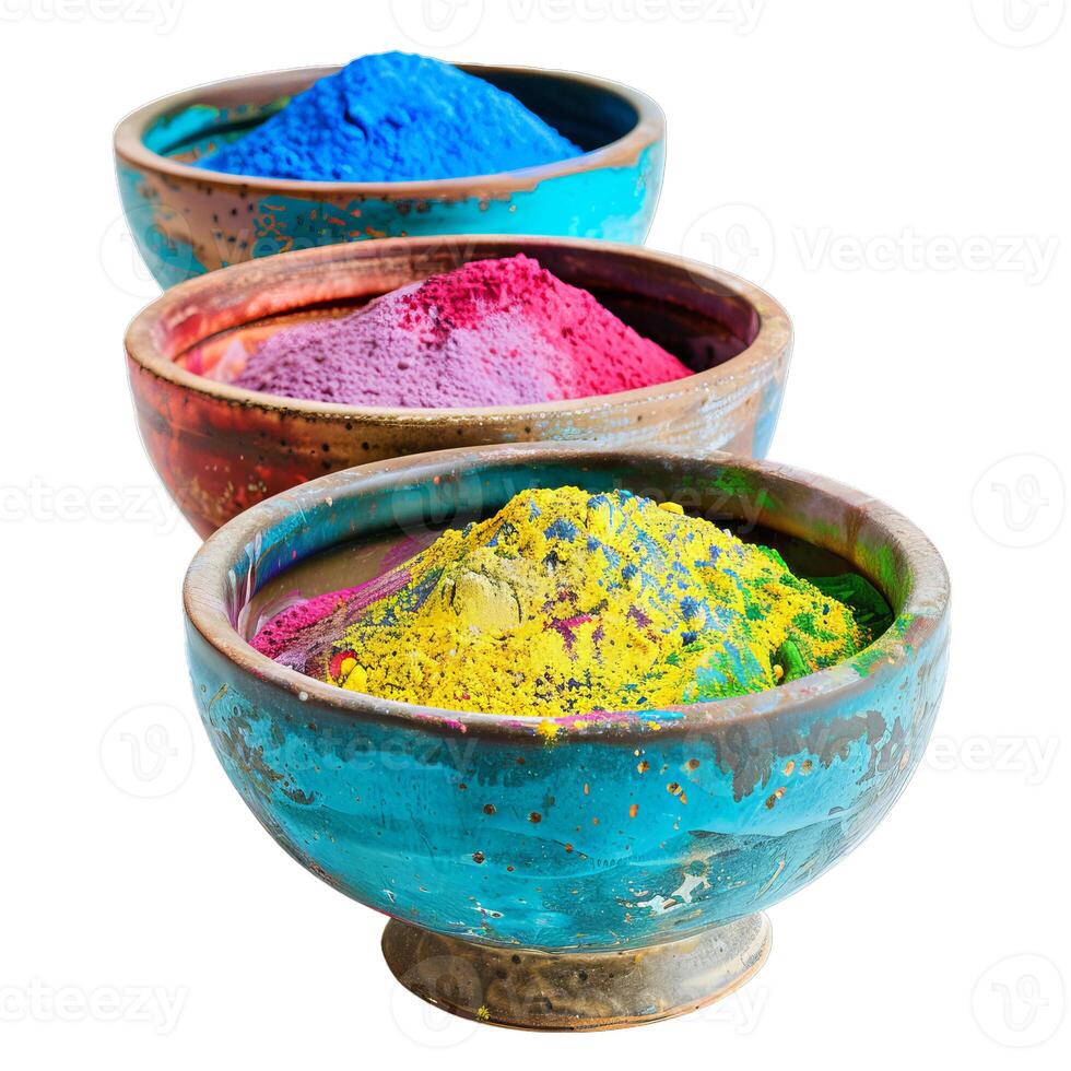 Three antique bowls overflowing with colorful powdered pigments photo